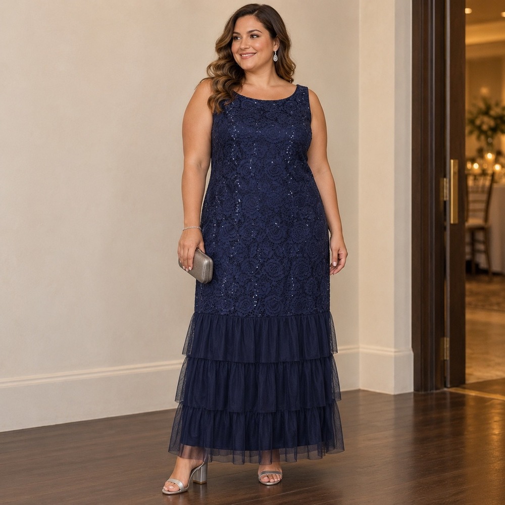 Candalite Size 1X Maxi Dress Navy Blue Sequin Lace Tiered Tulle Evening Gown